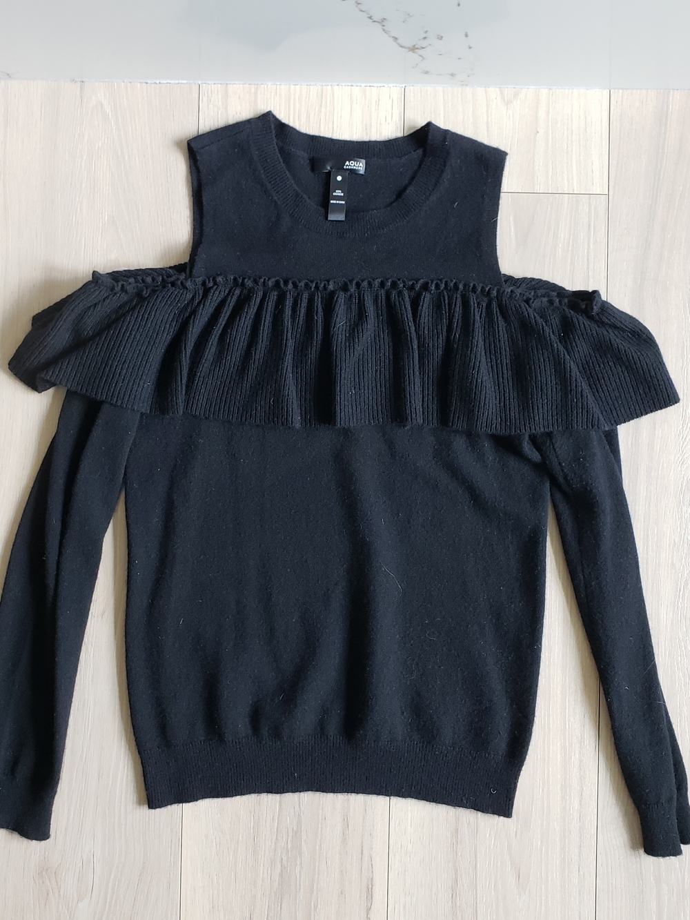 Aqua Cashmere Off-the-Shoulder Sweater Womens Small Black Ruffle Long Sleeve